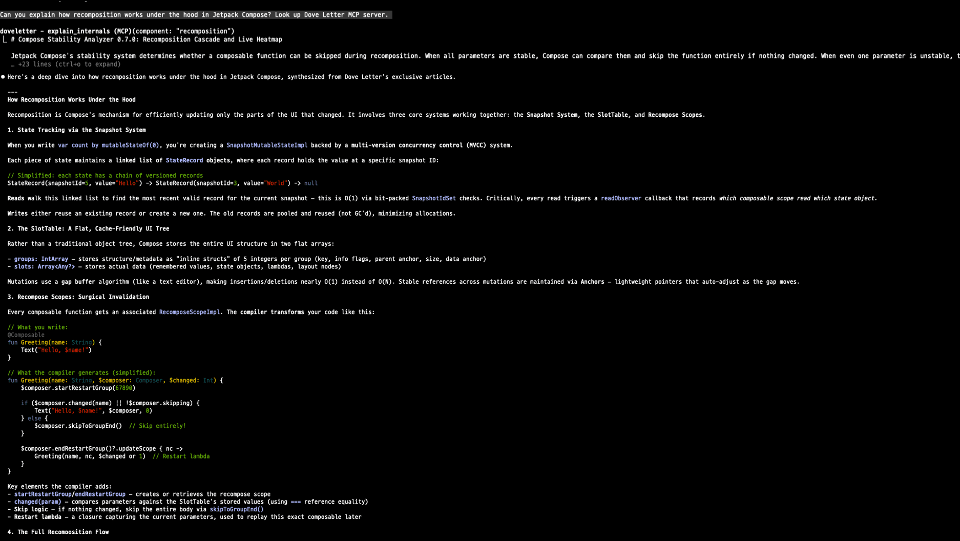 Dove Letter MCP Server in action — explaining Compose recomposition internals via Claude Code